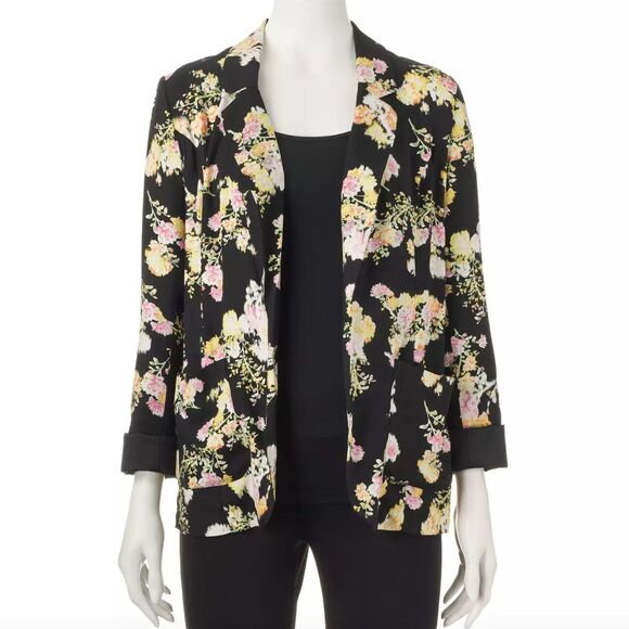 Candies Blazer Jrs Large Black Floral Open Front Unstructured Feminine Hipster - Picture 1 of 11